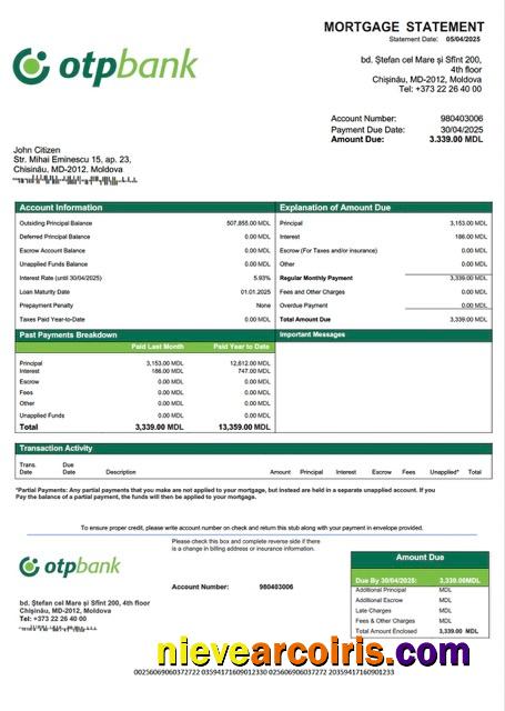 Moldova OTP Bank mortgage statement Word and PDF template